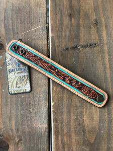 TURQUOISE TOOLED PAINTED LEATHER CUFF